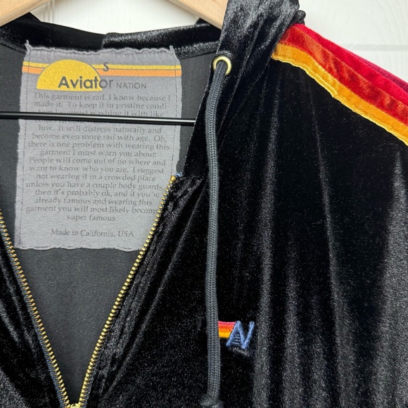 Aviator Nation Black Velvet Hoodie with Rainbow Stripes - Picture 2 of 4